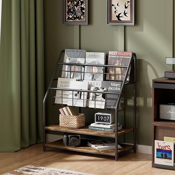 VECELO Magazine Holder Floor,2-Tier Metal Magazine Racks, Newspaper Display Stand with Board Shelves for Books and Brochure in Home Office,Shopping Malls,Indoor&Outdoor Place, Retro Brown