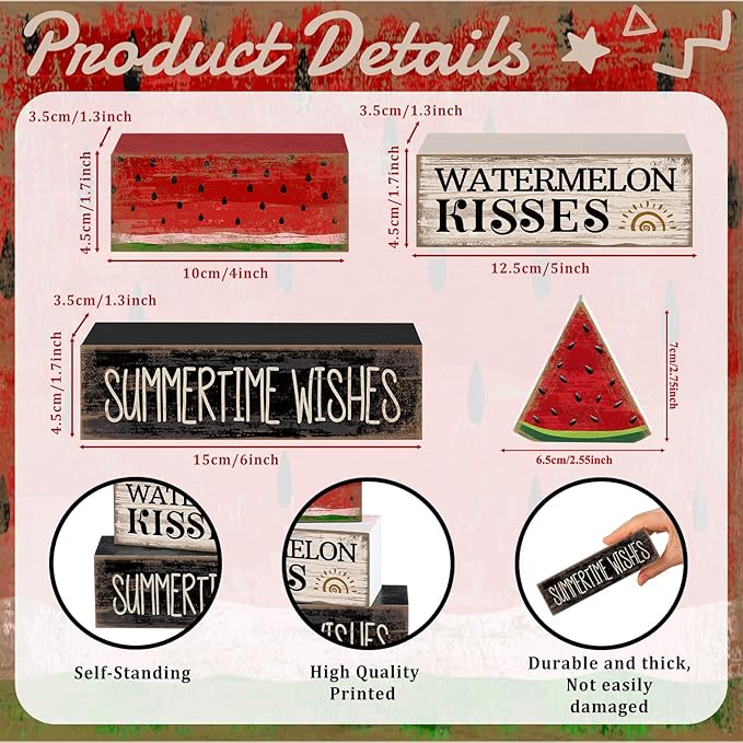Lineshading 4 Pcs Summer Table Decor Wooden Watermelon Tiered Tray Decor Rustic Farmhouse Watermelon Block Signs Gifts Summer Tabletop Centerpieces for Home Kitchen Coffee Bar Decorations