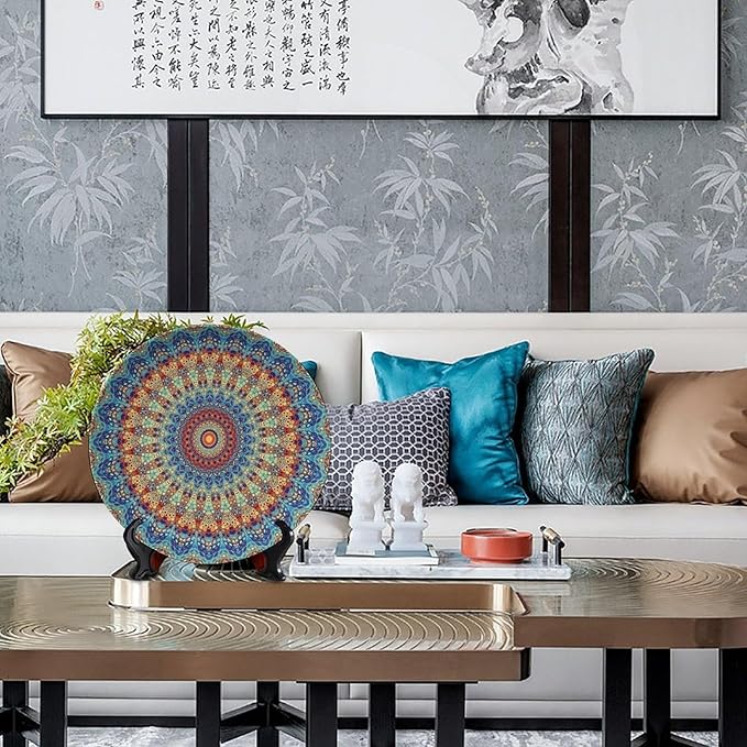 Colorful Decorative Plate Stand, 6 Inch, Blue Mandala Boho Round Display Plate, Table Top Plate Decor with Stand, Ceramic Craft for Wall Hanging Decorative