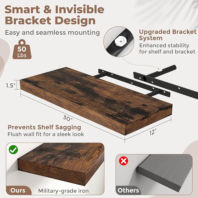 30 Inch Floating Shelves for Wall 2 Pack, 12"D Wood Grain Bathroom Shelves with Invisible Brackets, Easy Install Engineered Wood Storage Shelves for Kitchen, Living Room, Bedroom, Rustic Brown Finish