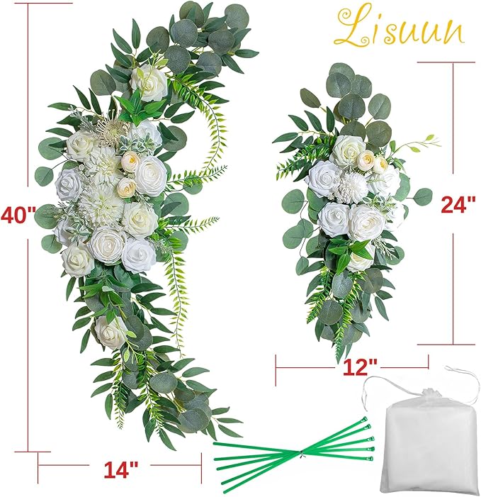 Lisuun Wedding Arch Flowers, Artificial Flowers for Decoration, 2pcs Flower Swag and 1 pcs Semi-Sheer Chiffon Table Runner Swag for Beautiful Dream Wedding Ceremony Floral Decor - Pack of 3