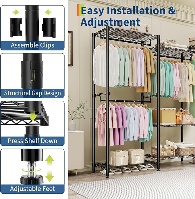 Heavy Duty Clothes Rack,Load 1631LBS Garment Rack Portable Closet,Free Standing Closet Organizers and storage with Adjustable Shelves, Hanging Rods, Dividable Black 76.5"H x 67.6"L x 15.5"W
