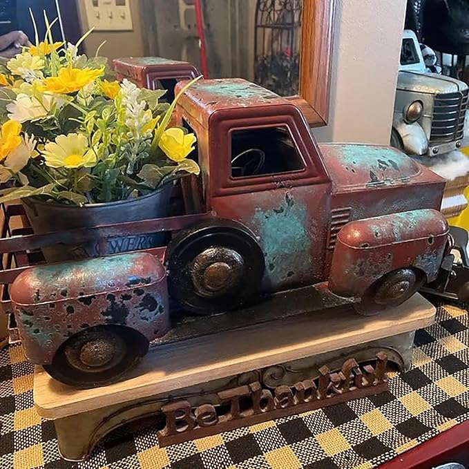 Creative Small Truck Flower Pot, Home Decor Collectible Vehicles Vintage Mini Car Statue Farmhouse Truck Decor Table Top Decor Little Blue Truck for Props Gifts