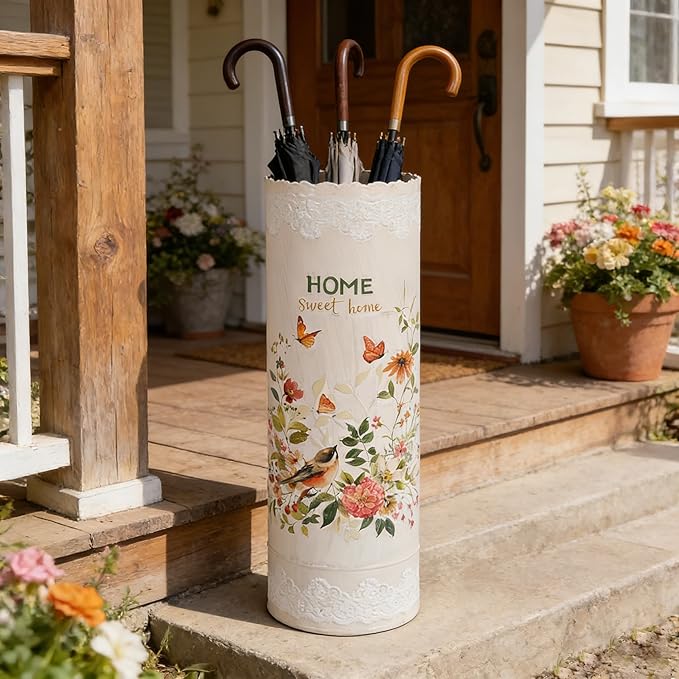 Vintage Metal Umbrella Holder Rustic Round Umbrella Stand Entryway Decorative Organizer Bucket for Home/Office/Farmhouse - Holds Multiple Umbrellas Canes & Walking Sticks (Pink)