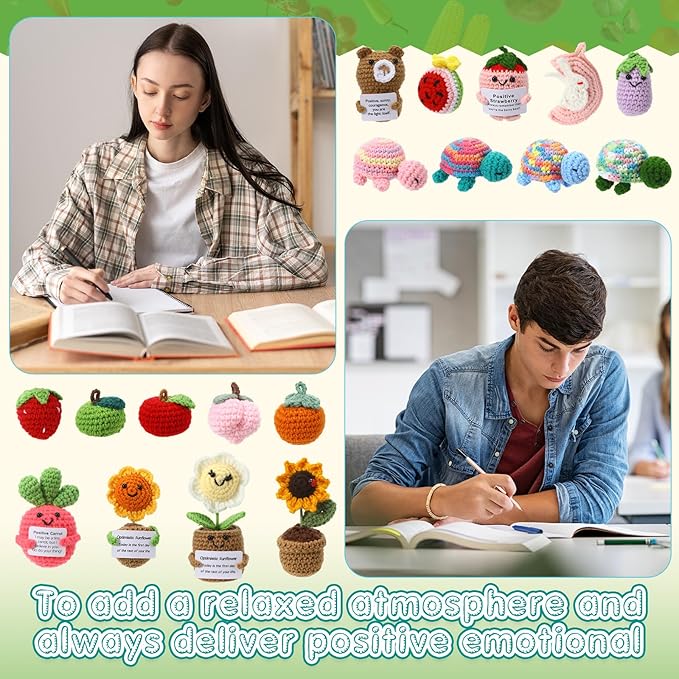 VioraWhite 18 Pcs Christmas Positive Fruit Crochet Animal Dolls with Cheer Cards Stocking Fillers Emotional Crochet Potato Support Handmade Knitted Toy Bulk for Employee Appreciation Gifts