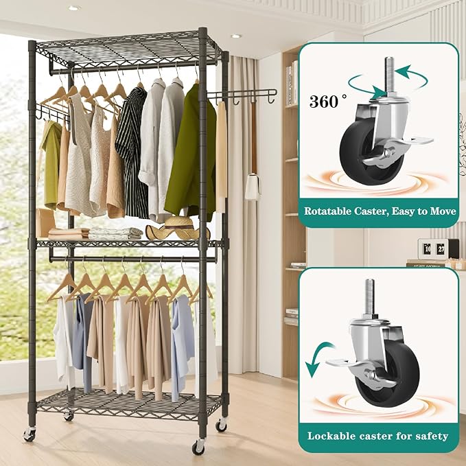 Heavy Duty Rolling Garment Rack, 3 Tiers Wire Shelves Adjustable Freestanding Portable Rolling Clothing Rack with Lockable Wheels, 35.4''L x 15.8''W x 78.8''H, Max Load 420LBS