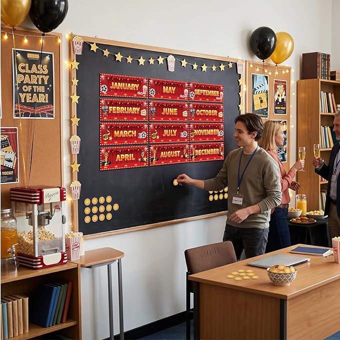 Zonon 48 Pcs Months of the Year Bulletin Board Set 12 Monthly Headliners Holiday Seasonal Monthly Bulletin Board Borders with 36 Round Blank Confetti Cutouts for Classroom(Movie Night Style)
