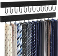 Belt Hanger Wall Mount 2 Pack, Wooden Closet Belt Organizer with 24 Swivel Metal Hooks, Adhesive or Drill Installation, Space Saving Rack for Belts, Ties, Scarves, Camisoles, Tank Tops, Black