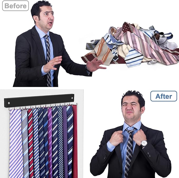 2 Pack Tie Organizer Belt Organizer Wall Mounted, Space Saving Tie Rack Belt Hanger for Closet with 24 Storage Hooks, Belt Tie Holder for Closet Organizer Storage（Black