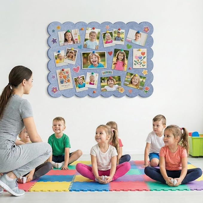 Scalloped Felt Board 36x24 Inches - Self-Adhesive Foldable, with 30 Pushpins, Cork Board Alternative - Decorative Pin Board for Wall, Home, Office & School (Light Blue, 36"x 24")