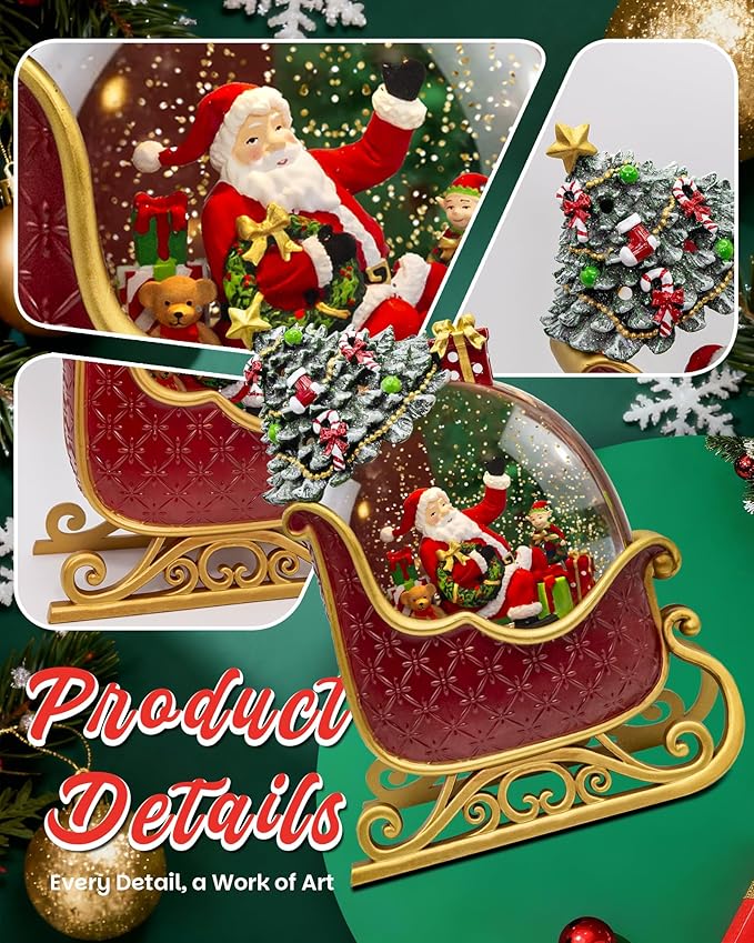 Christmas Snow Globes Christmas Lantern with 8 Songs, 9.17" Santa's Sleigh Snow Globe for Kids Adults, 6H Timer & Dual Power, Snowglobes Christmas Decorations Indoor, Gifts for Women Men