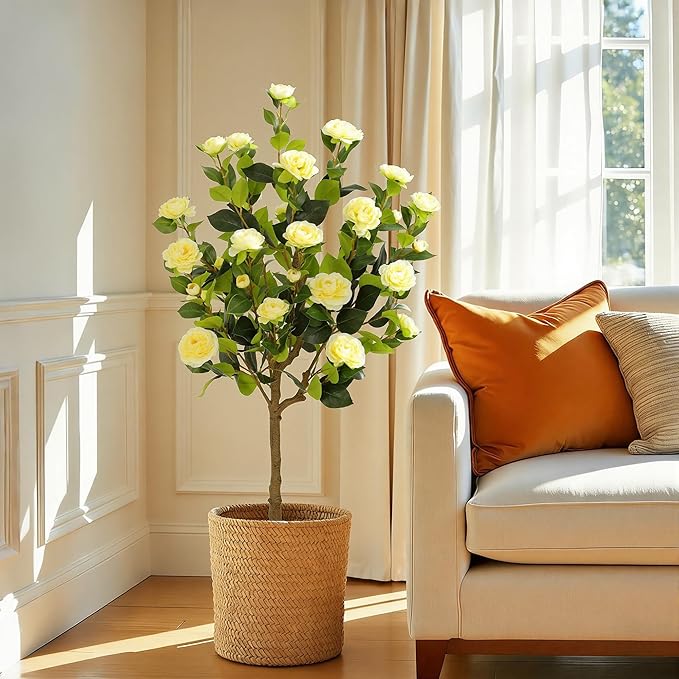 Bellacat 4ft Artificial Camellia Tree with Silk Yellow Flowers, 48in Faux Camellia Plant with Lifelike Trunk, Fake Flower Tree Potted Front Door Plants for Porch Patio Deck Living Room Decor, 2Pack