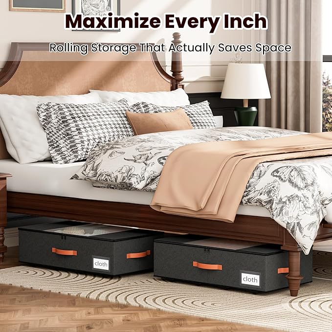 2-Pack Under Bed Storage Bins with Wheels and 6 Vacuum Seal Bags, Heavy Duty 80lbs Capacity, 65L Clear Lid Organizer for Dorm Bedroom Clothes Shoes Toys, Quick Assembly Space Saver (Black, 7.9'' PLUS)