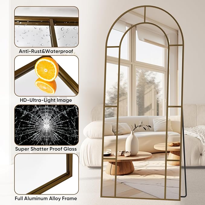 Antok 71" x 28" Full Length Mirror, Floor Mirror Arched Window Decorative Mirror, Metal Framed Decor Farmhouse Floor Mirrors Art Pane Mirrors Wall Decor for Bedroom, Living Room, Entryway Black
