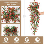 Artificial Hanging Flowers for Outdoors, 2 Pcs Fake Hanging Plant Spring Summer Decor, UV Resistant No Fade Realistic Faux Flower for Front Door Porch Planter Patio Garden Yard(Red Brown)