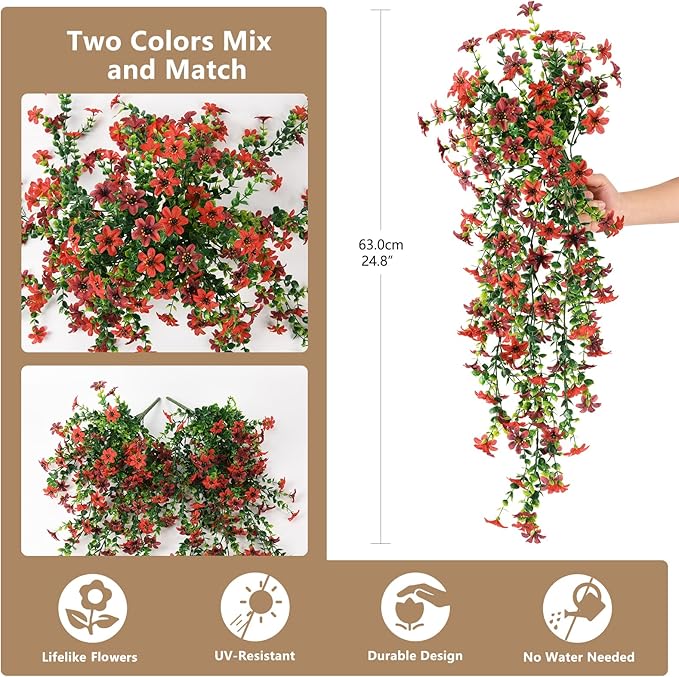Artificial Hanging Flowers for Outdoors, 2 Pcs Fake Hanging Plant Spring Summer Decor, UV Resistant No Fade Realistic Faux Flower for Front Door Porch Planter Patio Garden Yard(Red Brown)