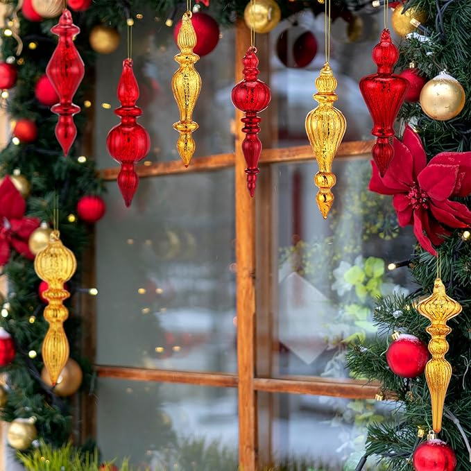 Mifoci 8 Pcs 6 Inch Mercury Glass Finial Christmas Ornaments Hanging Christmas Finials Glass Ornaments Assorted Mercury Decor for Vintage Holiday Xmas Tree Decoration(Red, Gold)