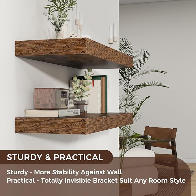 Venusmiles Floating Shelves for Wall, 30" W x 12" D x 2" H, 2 Pack of Long Wall Mounted Engineered Wood Shelves with Invisible Brackets for Living Room, Bedroom, Bathroom, Kitchen Decor, Brown