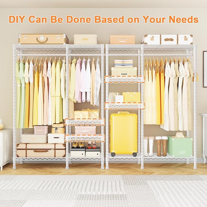 Ulif F4 Heavy Duty Clothes Rack (With Hanger Rod) Freestanding Clothing Racks for Hanging Clothes，Adjustable Closet Organizer System, Portable Garment Rack 45"W x 15.8"D x 71.3"H,Max Load 600LBS,White