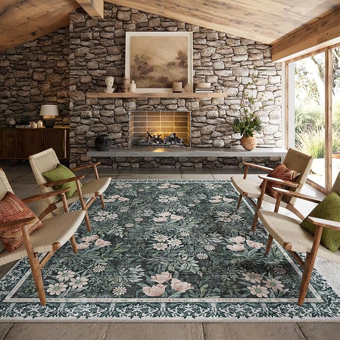 Washable 8x10 Area Rug - Light Green Vintage Floral with Ornate Border, Soft Low Pile Carpet for Living Room, Dining Room Under Table, Bedroom Non-Slip, Stain Resistant & Durable
