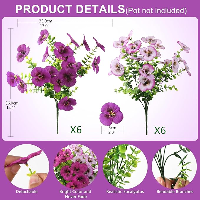 Artificial Fake Pansy Flowers for Outdoor, 12 Pcs Faux Silk Pansies Flower for Spring Summer Decoration, UV Resistant Fake Plants for Outside Planter Porch Yard Patio Home Decor(Gradient Purple Red)