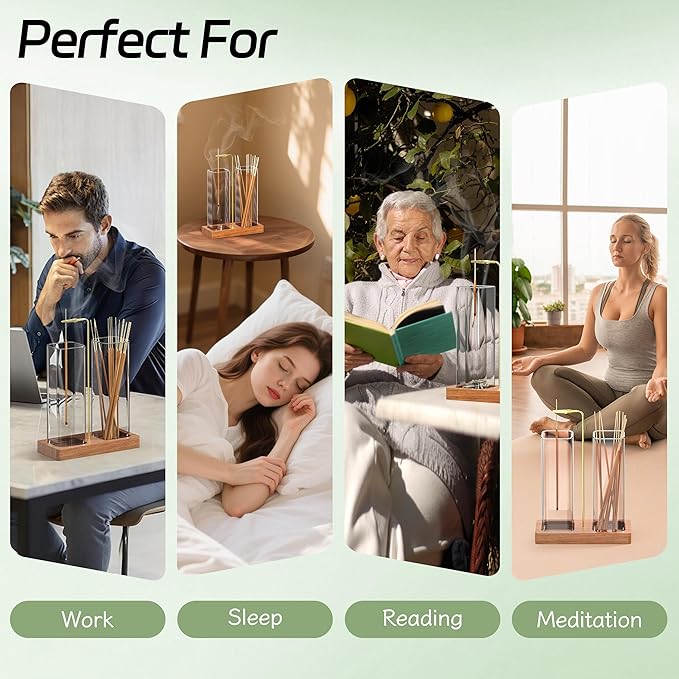 Incense Holder for Sticks, 2 in 1 Incense Burner with 7.1" & 7.1" Glass Jars, Upside Down Incense Holder with Ash Catcher & Storage for Meditation Yoga Spa Home Decor with 20 Incense Sticks & Brush
