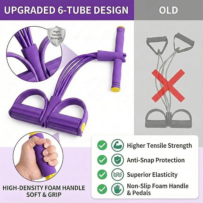 Pedal Resistance Band with Handle, 6-Tube Foot Pedal & Ankle Puller Exercise Band for Full Body Workout, Multifunction Home Gym Equipment for Arms, Legs, Abdomen, Waist Training