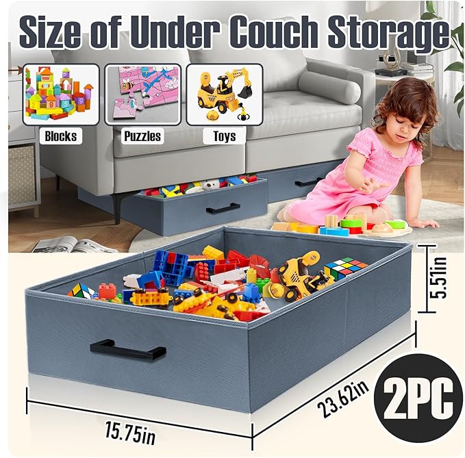 Under Couch Storage, 2 Pack Under Bed Containers, Foldable Under Sofa Storage keeps things out, Under Couch Storage Box for Toys, Blocks, Puzzles, Plush Dolls, Books (23.62 * 15.75 * 5.51in)