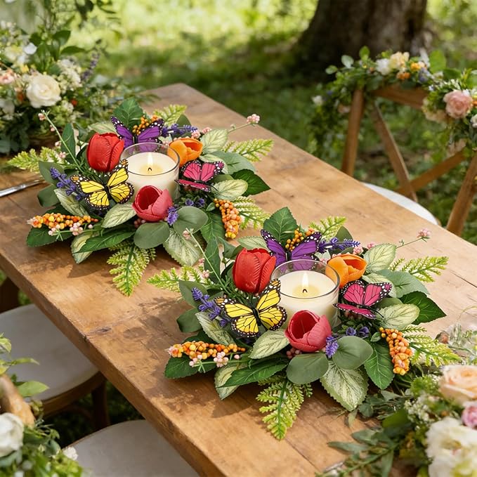 4 PCS Spring Lavender Tulips Hanging Wreaths for Kitchen Cabinets Artificial Small Floral Wreaths for Front Door with Butterfly Spring Summer Mini Wreath for Home Farmhouse Window Porch Wall Decor