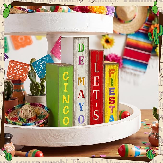 Lineshading 4 Pcs Cinco De Mayo Decor Wooden Books Stack Mexican Table Decorations Rustic Fiesta Tiered Tray Decor Sombrero Cactus Red Chili Centerpiece for Fiesta Mexican Birthday Party Decoration
