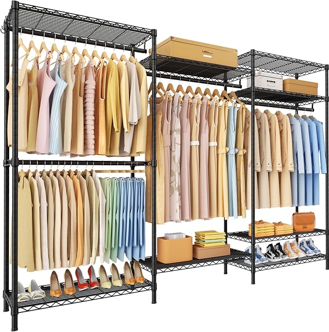 Ulif E13 Pro Heavy Duty Clothes Rack（With 4 Hanger Rods & 8 Shelves） Freestanding Clothing Racks for Hanging Clothes，Adjustable Closet，Metal Garment Rack 75" W x16 D x77 H，Max Load 1000LBS，Black
