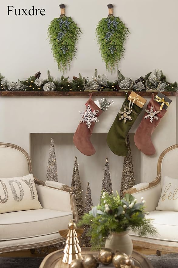 20" Christmas Artificial Juniper Swag Blueberries Teardrop Front Door Decoration Pine Cedar Real Touch Xmas Faux Evergreen Juniper Swag with Hanging Ring for Windows Wall Stair Outdoor Decor