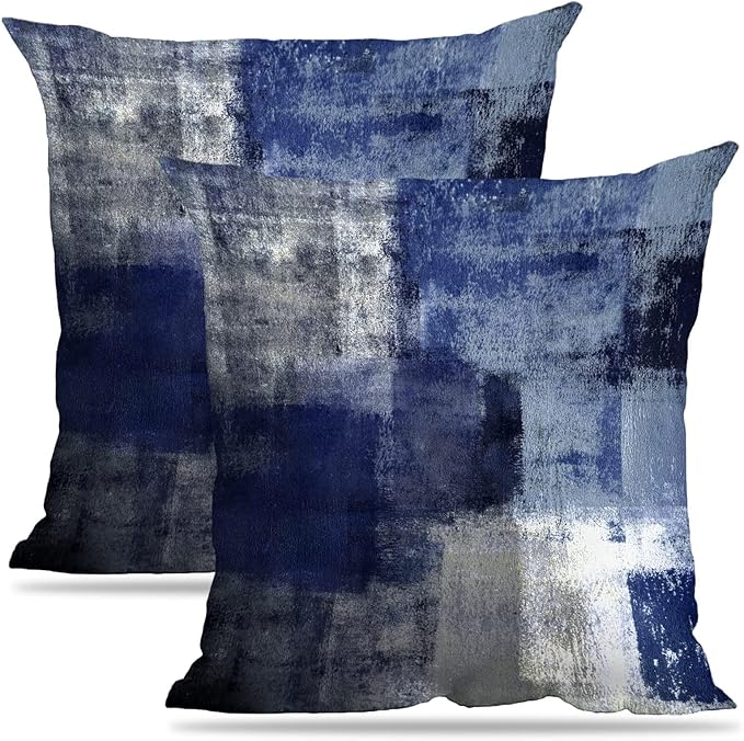 Dark Blue Abstract Art Artwork Pillow Cover, Gallery Modern Decorative Throw Pillows Cushion Cover for Bedroom Sofa Living Room 18 x 18 Inch Set of 2