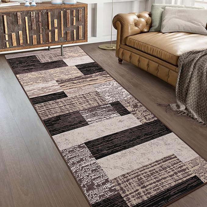 FlyDOIT Modern Geometric Patchwork Area Rug, 2x6 Chocolate Runner Rugs for Living Room, Rockwood Collection Indoor Rugs for Bedroom, Throw Carpet Floor Decor for Entryway Dining Room Office Nursery