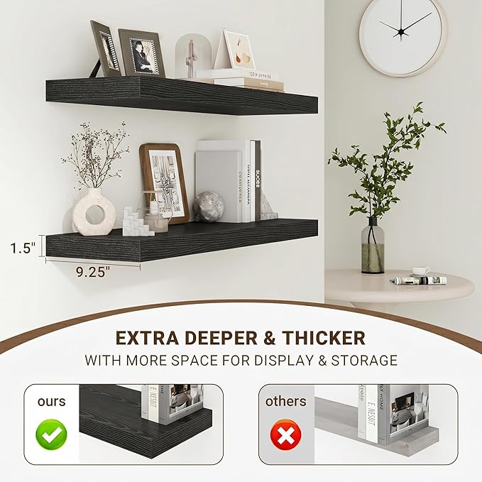 Acovy 72 Inch Floating Shelves, 3D Textured Wood Grain, 72"x9.25"x1.5" Inch Deep Floating Shelves for Wall, Wooden Shelves for Bathroom, Bedroom, Living Room, Black, 1 Piece