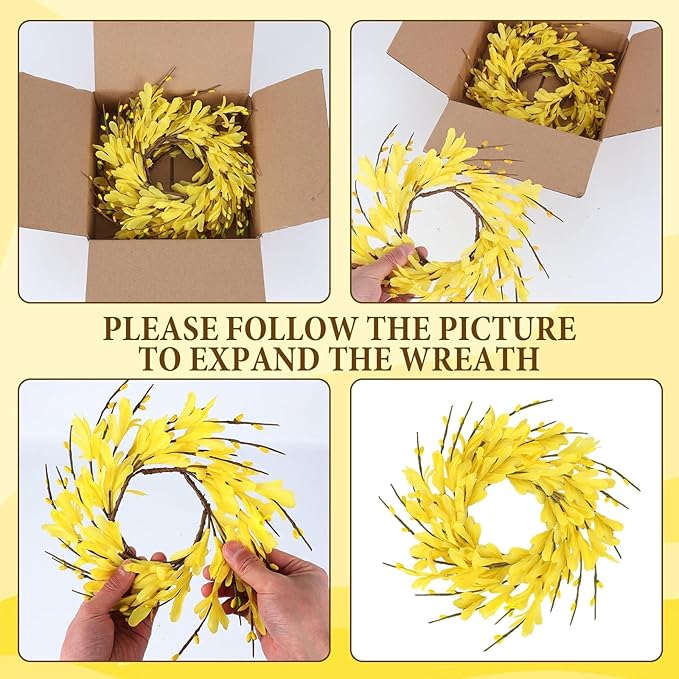 6 PCS 9'' Mini Spring Forsythia Wreath for Front Door Small Artificial Forsythia Farmhouse Kitchen Cabinet Wreaths with Burlap Ribbon Hanging Spring Summer Floral Wreaths for Porch Wall Window Decor