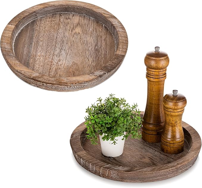 Hanobe Rustic Wooden Serving Tray: Set of 2 Round Wood Butler Decorative Tray Vintage Centerpiece Candle Holder Trays Farmhouse Ottoman Tray for Kitchen Countertop Home Decor for Coffee Table
