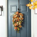 Glitzhome 2 Pcs Fall Teardrop Swags for Front Door, Artificial Wall Decorative Swags with Leaf & Pumpkins & Pine Cones & Berries for Home Porch Wall Window Halloween Thanksgiving Indoor Outdoor Decor