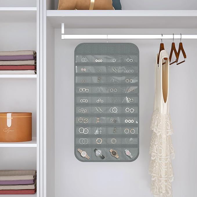 Hanging Jewelry Organizer Storage, 40 Pockets 36 Hooks Necklace Earring Necklace Bracelet Ring Organizer, Double - Sided Design, Grey