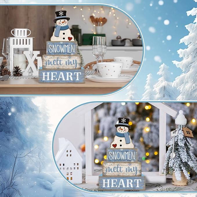 Moucuny 4 Pcs Winter Table Decorations Blue and White Snowman Decor Winter Tiered Tray Decor Valentines Day Centerpiece Rustic Decorative Hat Snowman Block Signs Gift Farmhouse for Home Kitchen Shelf