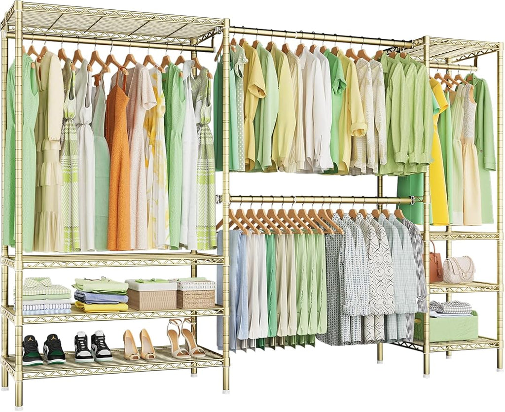 Ulif E11 Heavy-Duty Garment Rack, Metal Freestanding Clothes Rack and Closet Storage Organizer System with 8 Shelves and 4 Hanger Rods, (73.2-97.6)" W x 14.5" D x 71.2" H, Load 1034 LBS, Gold