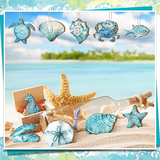 30 Pcs Summer Ocean Animals Ornaments Summer Ornaments for Tree Wooden Beach Hanging Decorations Ocean Themed Decoration with String Wooden Slices for Home Small Tree Party