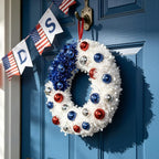 Patriotic Wreath 18 Inch American Flag Wreath for Front Door, Americana Plated Ball Red White and Blue with Stars Decor for 4th of July Memorial Day Veterans Day