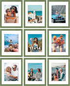 Vittanly 11x14 Picture Frames Set of 9, Shatter Resistant Plexiglass, Display 8x10 Pictures with Mat or 11x14 without Mat, Photo Frames for Wall or Tabletop, Engineered Wood, Rustic Green