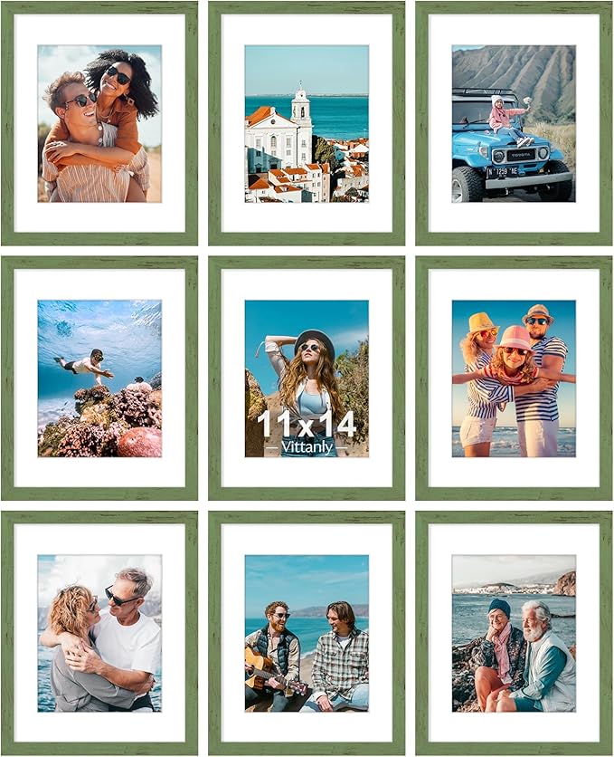 Vittanly 11x14 Picture Frames Set of 9, Shatter Resistant Plexiglass, Display 8x10 Pictures with Mat or 11x14 without Mat, Photo Frames for Wall or Tabletop, Engineered Wood, Rustic Green