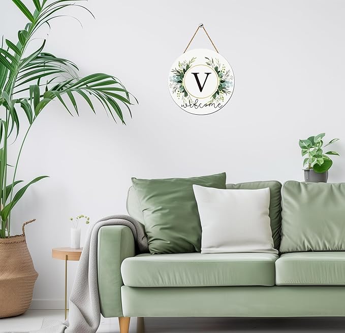 Monogram Letter V Wreaths for Front Door Wreath Wooden Welcome Sign for Front Door Decor Floral Family Last Name Initial House Warming Spring Summer Porch Rustic Wall Home Kitchen Boho Decorations