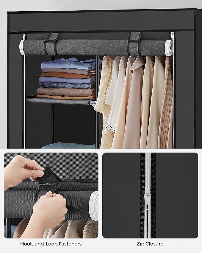 SONGMICS Portable Closet, Fabric Wardrobe, Clothes Rack with Shelves, Pockets, Large Capacity, 1 Hanging Rod, 34.6 x 17.7 x 66.1 Inches, Ink Black URYG84BK