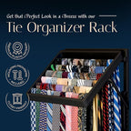 TieMaster Tie Rack and Scarf Organizer, Battery-Free Design, Holds 60 Ties and Scarves with 5 Belt Hooks, Easy Installation, Wall Mounted Tie Organizer, Luxury Gift for Men & Women