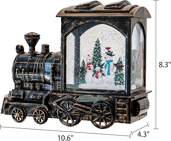 Christmas Musical Snow Globe Lantern Battery Operated with 6 Hour Timer, Snowman Lighted Snow Globe Train Spinning Water Swirling Glitter Christmas Decoration Gifts(10.6 x 4.3 x 8.3 Inches)