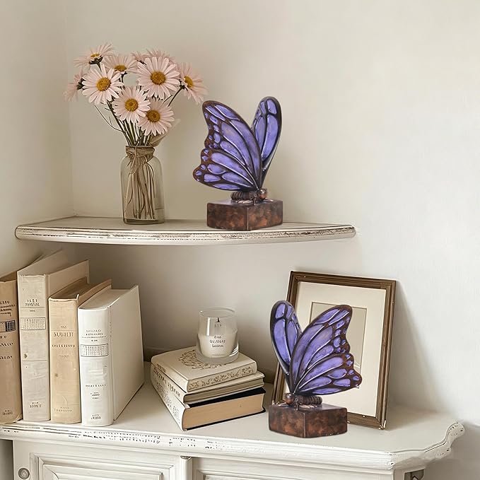 Vintage Purple Butterfly Bookends,Resin Book Ends for Shelves,Heavy Duty Decorative Bookends,Creative Book Stopper Holder Decor for Desk Home Office,Shelf Decoration,Gifts for Mother's Day